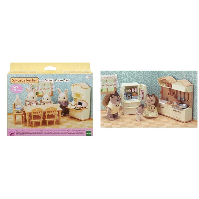 SYLVANIAN FAMILIES - Conjunto de Cocina + Conjunto de Comedor: Muebles Realistas y Detallados de Plástico, Multicolor, 1:12, 8 cm, para Minimuñecas, Unisex, de 3 años en adelante